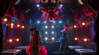A burlesque performer in a red corset and black hat with a pink tutu poses in a dimly lit, ornate dressing room with a performer hanging upside down from a chandelier above.