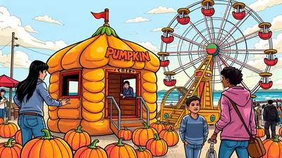 A family enjoys a sunny day at a beachside amusement park, with a large Ferris wheel and a pumpkin-themed ticket booth surrounded by pumpkins.