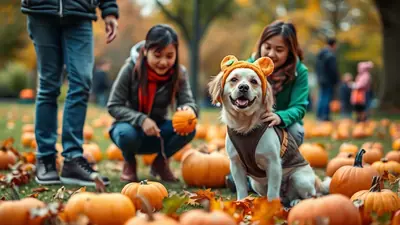 A happy dog wearing a pumpkin hat sits in a field of pumpkins and fall leaves, with two people in the background.