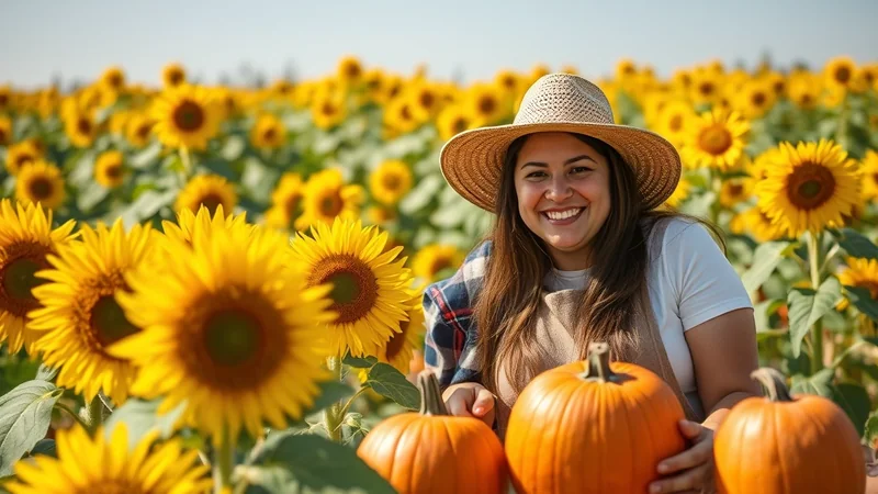 A smiling woman wearing a straw hat and apron stands in a field of sunflowers, holding two pumpkins.