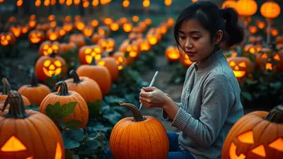 A young woman carves a pumpkin in a field filled with glowing jack-o'-lanterns at dusk, creating a festive Halloween atmosphere.