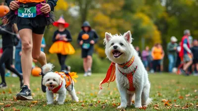 Two small white dogs, one wearing a pumpkin-themed costume and the other a festive orange scarf, participate in a Halloween 7K race with runners in costumes in the background.