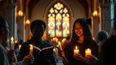 A young Black man and a young Asian woman stand in a dimly lit church, holding lit candles and looking at a book. A stained-glass window is visible in the background.
