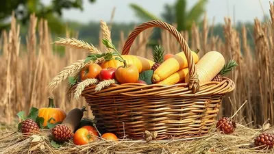 A woven basket overflowing with a colorful assortment of autumn harvest fruits and vegetables, including pumpkins, corn, apples, and pinecones, set against a backdrop of dry stalks in a field.