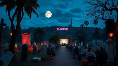 An outdoor movie screening is taking place in a cemetery at night, with the Hollywood sign visible in the background and a full moon in the sky.