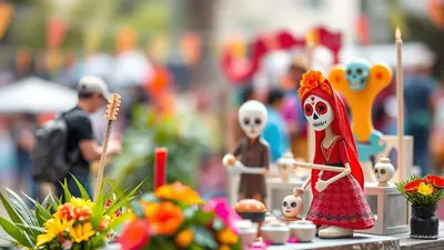 A festive Day of the Dead altar features a doll dressed as a Catrina, adorned with a red veil and flower, surrounded by offerings and decorative skulls.