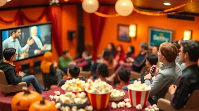 A group of people are gathered in a room with orange walls, watching a large screen. There are pumpkins and buckets of popcorn on a table in the foreground, suggesting a Halloween gathering or Halloween-themed gathering.