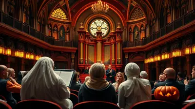 A group of people are seated in a grand, ornate hall with a large pipe organ in the background, attending what appears to be a performance or ceremony. A carved jack-o'-lantern sits on a seat in the foreground, suggesting a Halloween theme.