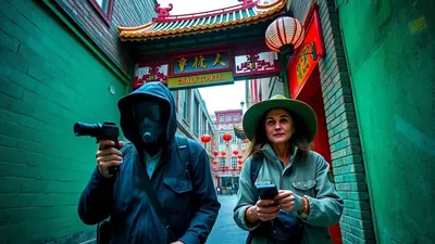 A person in a hooded jacket and gas mask holds a gun while standing next to a woman wearing a hat and holding a phone, in a narrow street decorated with Chinese lanterns and signage.