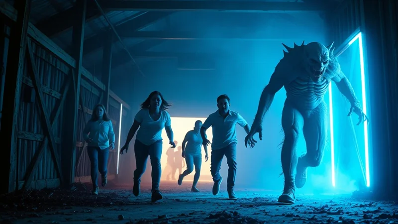 A group of people are running away from a monstrous creature in a dimly lit, industrial-looking building with blue neon lights.