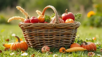 A woven basket filled with pumpkins, apples, and other fall produce sits on a grassy lawn with a few small white flowers.