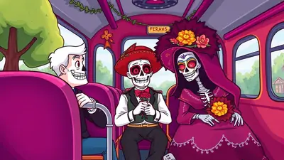 Three skeletons dressed in festive Day of the Dead attire are riding in a bus, with two skeletons in the foreground wearing elaborate makeup and costumes, and a third skeleton driving.