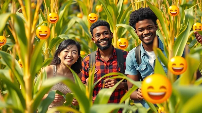 Three smiling friends, two Black men and one Asian woman, stand in a sunlit cornfield, surrounded by smiling emoji faces.