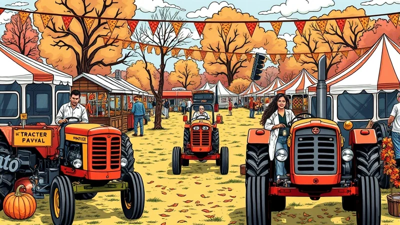 A vibrant autumn festival scene with people gathered around stalls and tractors, decorated with colorful bunting and fallen leaves.