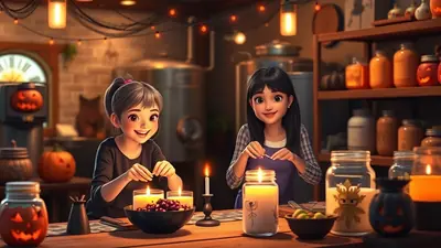 Two young cartoon girls are sitting at a wooden table, preparing for Halloween. They are surrounded by Halloween decorations, including pumpkins, candles, and jars. The mood is festive and cheerful.