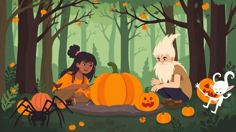 A young girl and an old gnome are carving pumpkins in a forest clearing, with a large spider and a small white creature nearby, all under trees adorned with small pumpkins.
