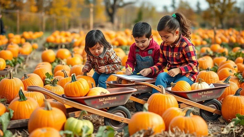 Three young children are sitting in a pumpkin patch, surrounded by many pumpkins. The children are looking down at a piece of paper and drawing or writing, with one child holding a yellow crayon. They are all wearing casual fall clothing, and the scene evokes a sense of autumn fun and creativity.