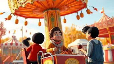 Three cartoon children enjoy a ride at a fall carnival, with one boy in the foreground holding a glass of red liquid and looking at a plate of food.