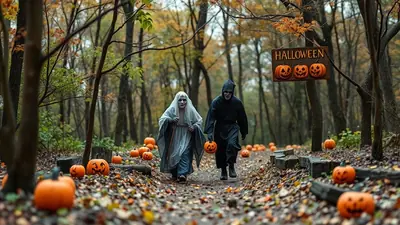 Two people in Halloween costumes, one a ghost and the other a grim reaper, walk down a path lined with pumpkins in a forest during autumn.