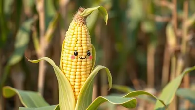 A cute, anthropomorphic ear of corn with a smiling face and rosy cheeks stands in a cornfield.
