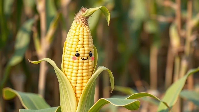 A cute, anthropomorphic ear of corn with a smiling face and rosy cheeks stands in a cornfield.
