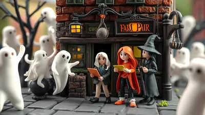 A miniature Halloween scene depicts three figures in front of a brick building with a sign that reads "FAKI PAIR". A figure in a witch's hat stands to the right, while two other figures, one with blonde hair and the other with red hair, stand in the center holding tablets. Several white, cartoonish ghosts are scattered around the scene, some appearing to float.