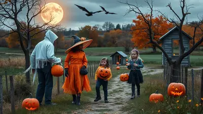 A family dressed in Halloween costumes, including a witch and a ghost, walk through a spooky, moonlit landscape carrying jack-o'-lanterns.