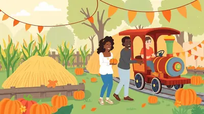 A family enjoys a festive autumn day at a pumpkin patch. A young boy drives a small red train, while a couple walks alongside him, holding pumpkins. The scene is decorated with hay bales, corn stalks, and colorful bunting, evoking a cheerful harvest atmosphere.