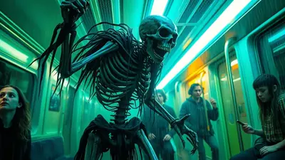 A terrifying skeleton creature looms over passengers on a dimly lit, rain-streaked subway car, creating a scene of horror and suspense.