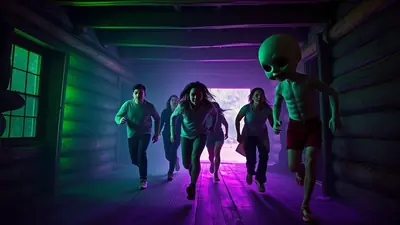 A group of people are running down a dimly lit hallway, illuminated by green and purple lights, with a large-headed alien figure in the foreground.
