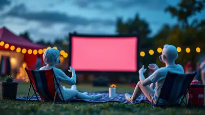 Two figures sit in chairs facing a large, blank pink screen at an outdoor movie theater at dusk, with string lights and a tent in the background.