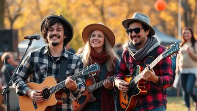 A band of three musicians, two men and one woman, play guitars and sing outdoors in front of a microphone. The man on the left wears a black and white plaid shirt and a black hat. The woman in the middle wears a brown hat and a red scarf. The man on the right wears a red and black plaid shirt, sunglasses, and a grey scarf. They are all smiling and appear to be enjoying themselves, with a blurred background of trees and people.