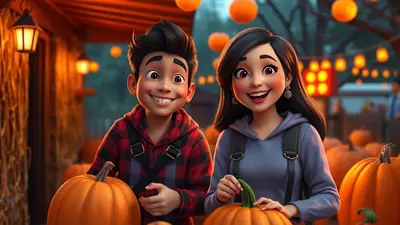 A cartoon boy and girl stand in a pumpkin patch at dusk, surrounded by pumpkins and festive orange lights. The boy wears a red and black plaid shirt, and the girl wears a blue hoodie. Both are smiling and holding pumpkins.