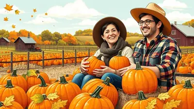 A smiling couple in cowboy hats and fall attire are sitting in a pumpkin patch, holding pumpkins. In the background, there are rows of pumpkins, a red barn, and trees with autumn foliage.