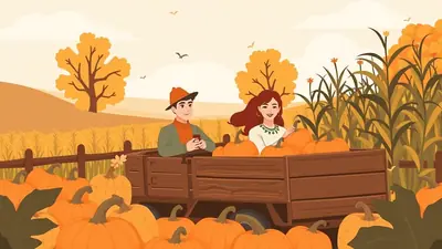 A couple in a wagon filled with pumpkins, surrounded by a cornfield and autumn trees, enjoying a fall harvest.
