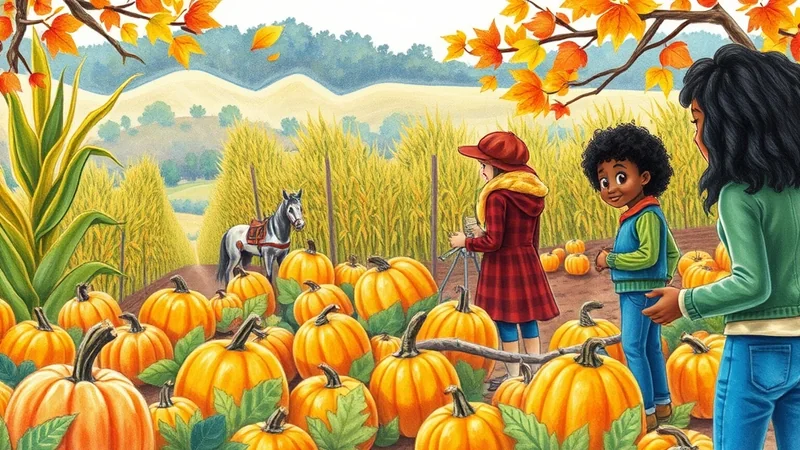 A group of children and a horse in a pumpkin patch with corn stalks and autumn leaves in the background.