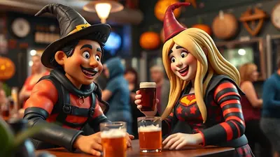 Two cartoon characters dressed as witches, a man with a black witch hat and a woman with a red witch hat, are sitting at a table in a dimly lit bar, holding glasses of beer and smiling at each other. Halloween decorations, including pumpkins, are visible in the background.