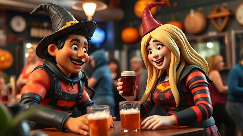 Two cartoon characters dressed as witches, a man with a black witch hat and a woman with a red witch hat, are sitting at a table in a dimly lit bar, holding glasses of beer and smiling at each other. Halloween decorations, including pumpkins, are visible in the background.