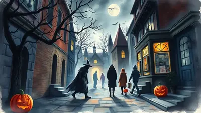 A spooky Halloween scene on a cobblestone street at night, with a figure in a witch costume walking towards a group of trick-or-treaters. Jack-o'-lanterns glow on the sidewalk, and a full moon hangs in the sky above silhouetted buildings and bare trees.