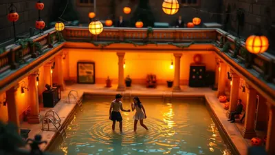 A miniature scene depicts a courtyard with a pool, decorated for Halloween with jack-o'-lanterns and glowing lanterns. Two small figures stand in the water, while another sits on the edge.