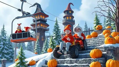 A whimsical winter scene with Halloween elements, featuring two characters in a ski lift and another two on a ATV, surrounded by snow-covered trees, pumpkins, and witch-themed towers.