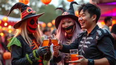 Three friends in Halloween costumes toast drinks at an outdoor party, with one dressed as a skeleton and the other two as witches with spooky masks.