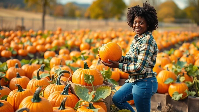 A smiling Black woman with curly hair stands in a pumpkin patch, holding a pumpkin and wearing a plaid shirt and jeans. Rows of pumpkins stretch out behind her under a warm, autumn sky.
