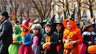 A group of children in Halloween costumes, including witches and pumpkins, are walking in a parade or event, holding jack-o'-lanterns.