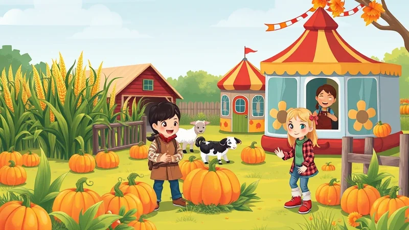 A cheerful autumn scene at a pumpkin patch with two children, a white sheep, and a black and white sheep. A red barn and a festive tent are in the background, surrounded by corn stalks and pumpkins.