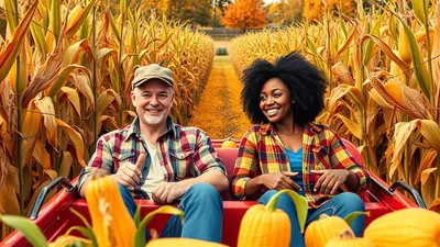 A smiling, diverse couple sits in a red wagon, surrounded by a corn maze and pumpkins, enjoying an autumn day.
