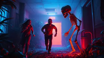 A man and a woman are running away from a skeleton in a dimly lit hallway with plants and red and blue lighting.