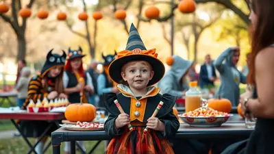 A young child dressed as a witch for Halloween smiles at the camera, holding two candy sticks. The child is at an outdoor Halloween party with other people in costumes and pumpkins visible in the background.