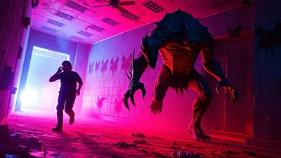 A terrified man runs down a hallway illuminated by pink and blue lights, pursued by a large, monstrous creature with sharp claws.