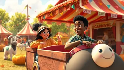 Two children, a boy and a girl, ride in a carnival train car with a smiling face on the front. They are at a carnival with tents and decorations in the background, and pumpkins and a goat are visible on the grass.